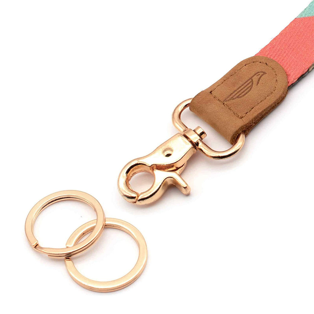 Close up lanyard with 2 gold metal key rings brown leather pink mint fabric