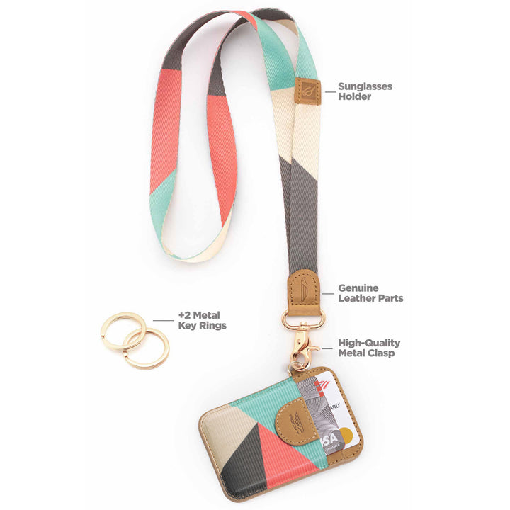 Pink mint gray cream multicolor neck lanyard with slim keychain wallet and 2 metal key rings