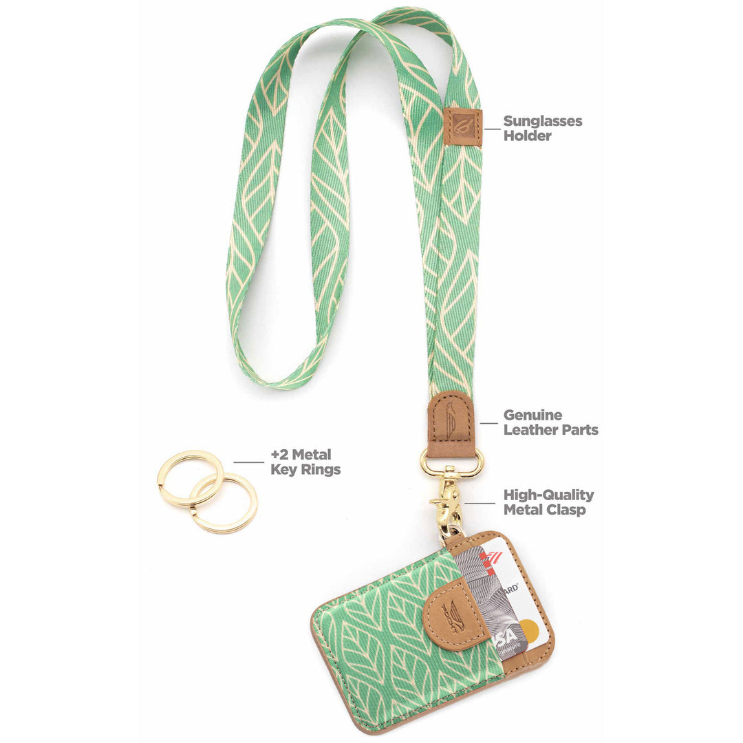 Mint color leaves patterned neck lanyard with slim keychain wallet and 2 gold metal key rings