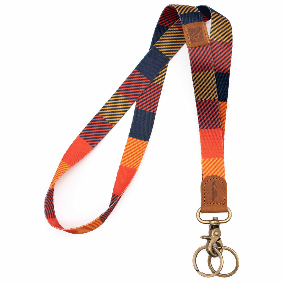 Neck lanyard navy yellow orange square design brown leather hardware metal clasp with 2 key rings
