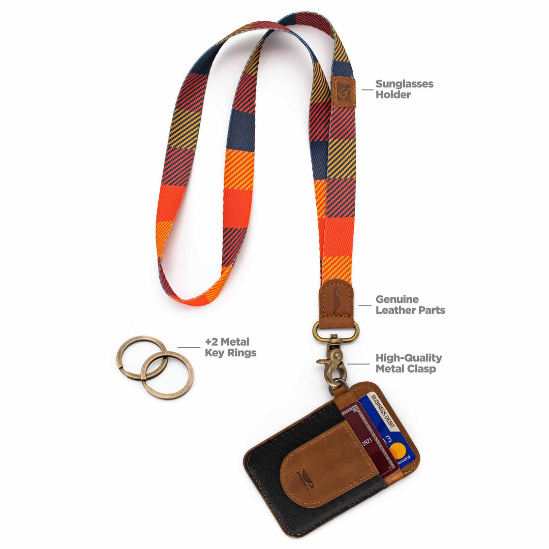 Navy orange yellow multicolor neck Lanyard with slim keychain wallet and 2 key rings
