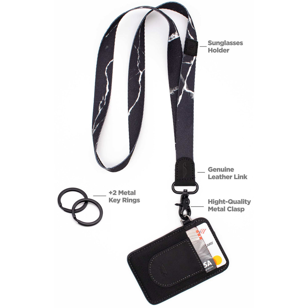 Black marble patternd neck lanyard with slim credit card holder and 2 key rings