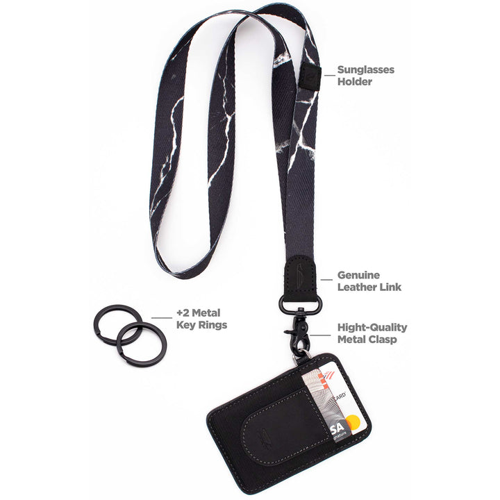 Black marble patternd neck lanyard with slim credit card holder and 2 key rings