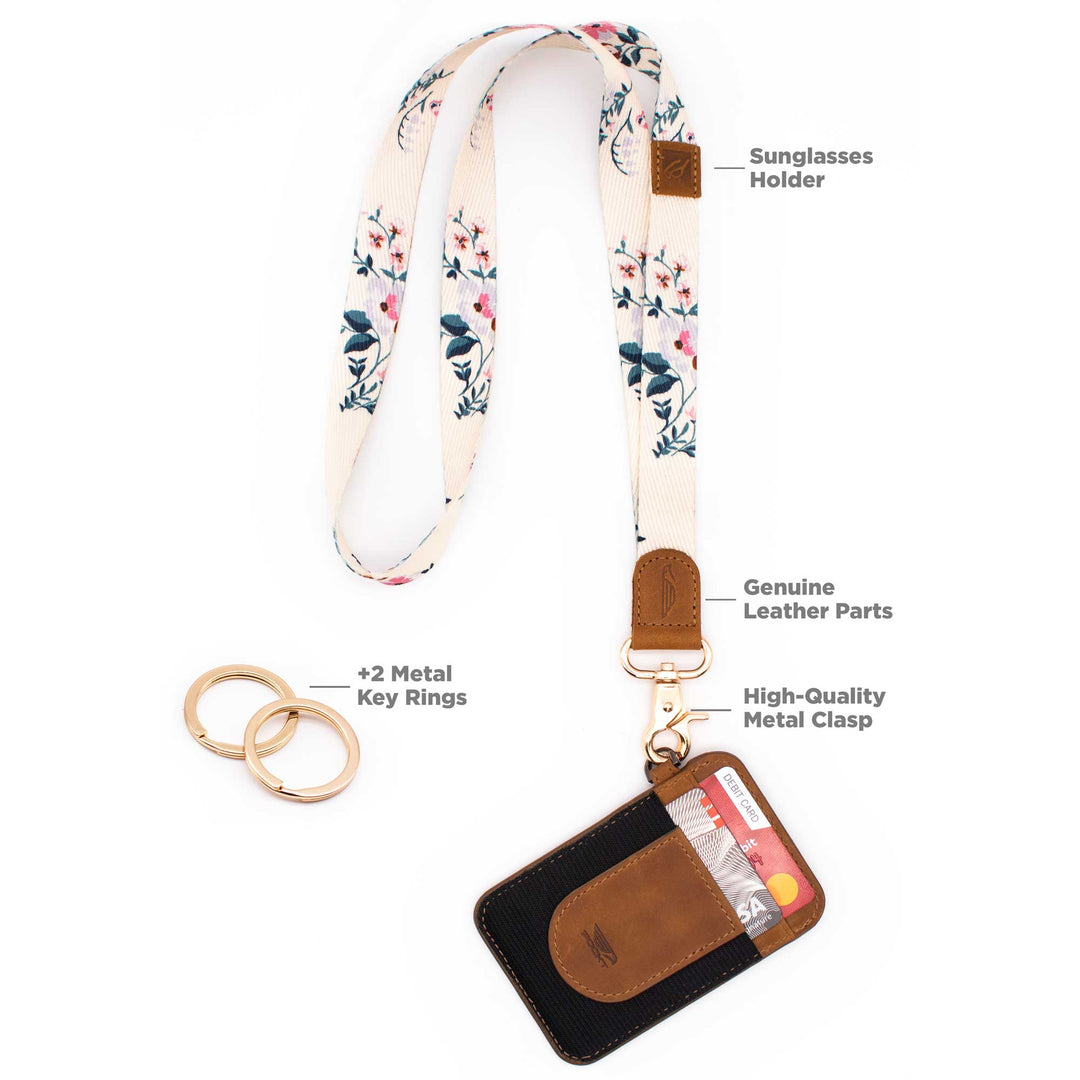 Ivory pink navy multicolor floral pattern neck Lanyard with slim keychain wallet and 2 key rings