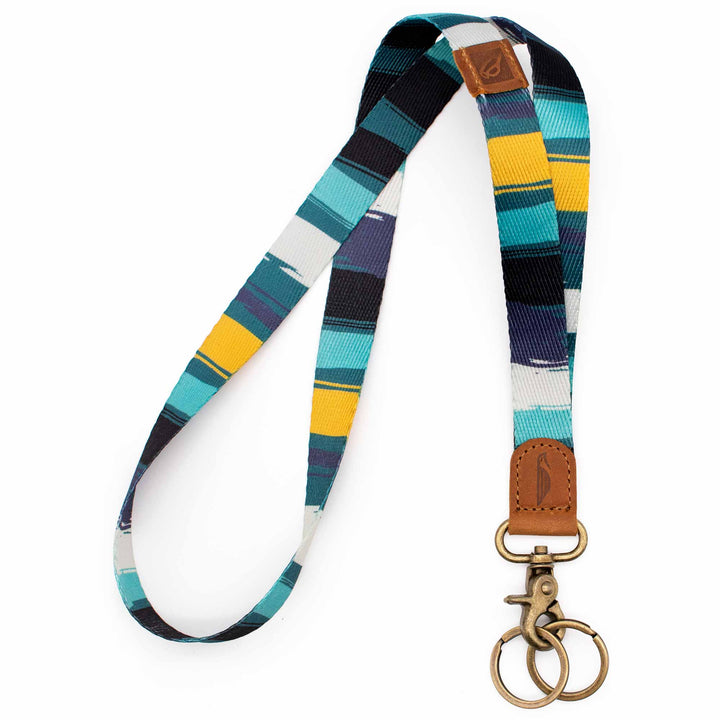 Neck lanyard navy mint yellow black brush design brown leather hardware metal clasp with 2 key rings