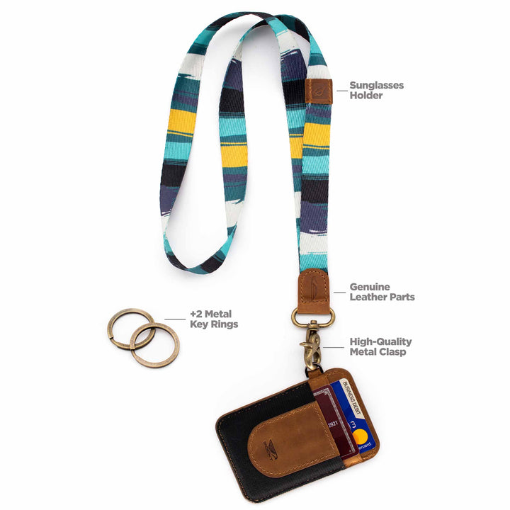 Navy mint yellow multicolor neck lanyard with slim keychain wallet and 2 key rings