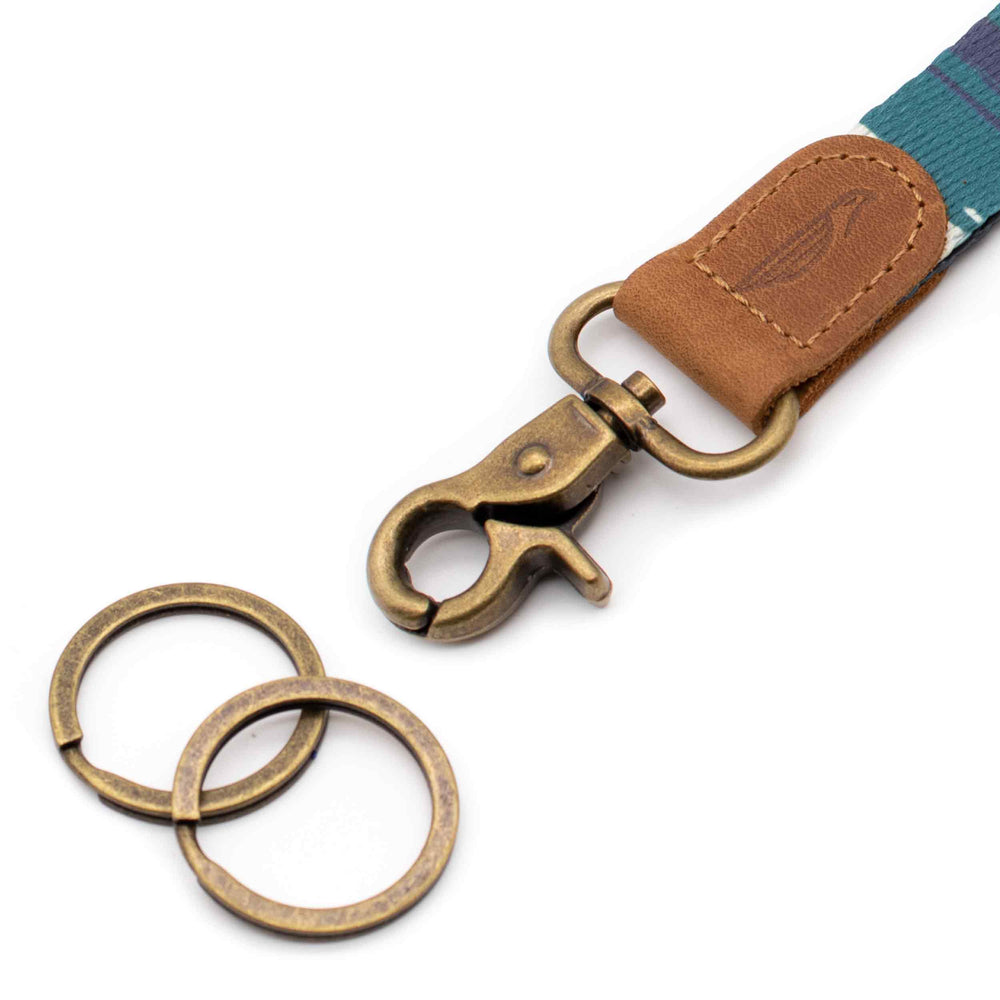 Close up lanyard with 2 metal key rings brown leather blue fabric