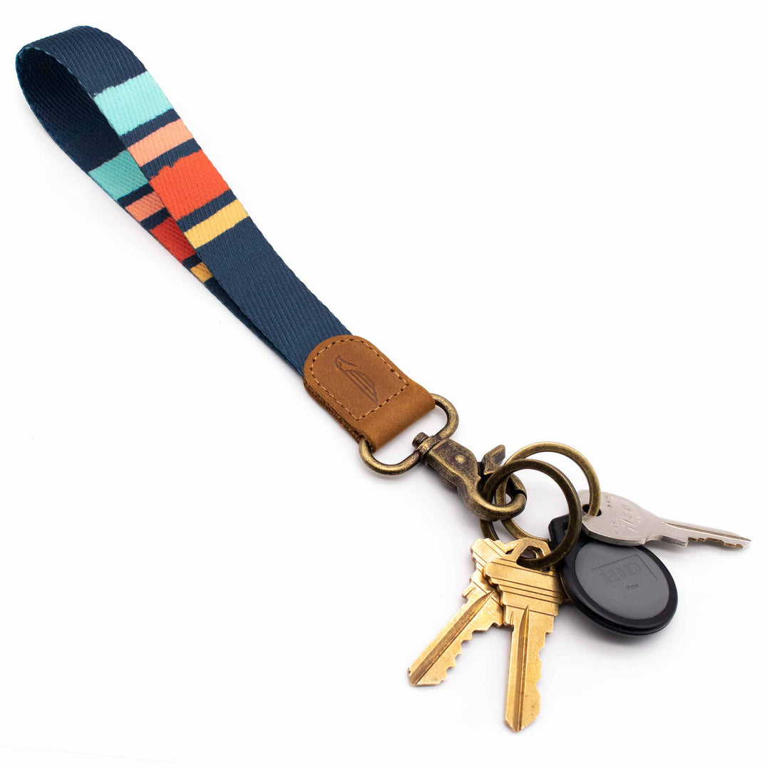 Stripe patterned strap keychain navy blue red colors with keys