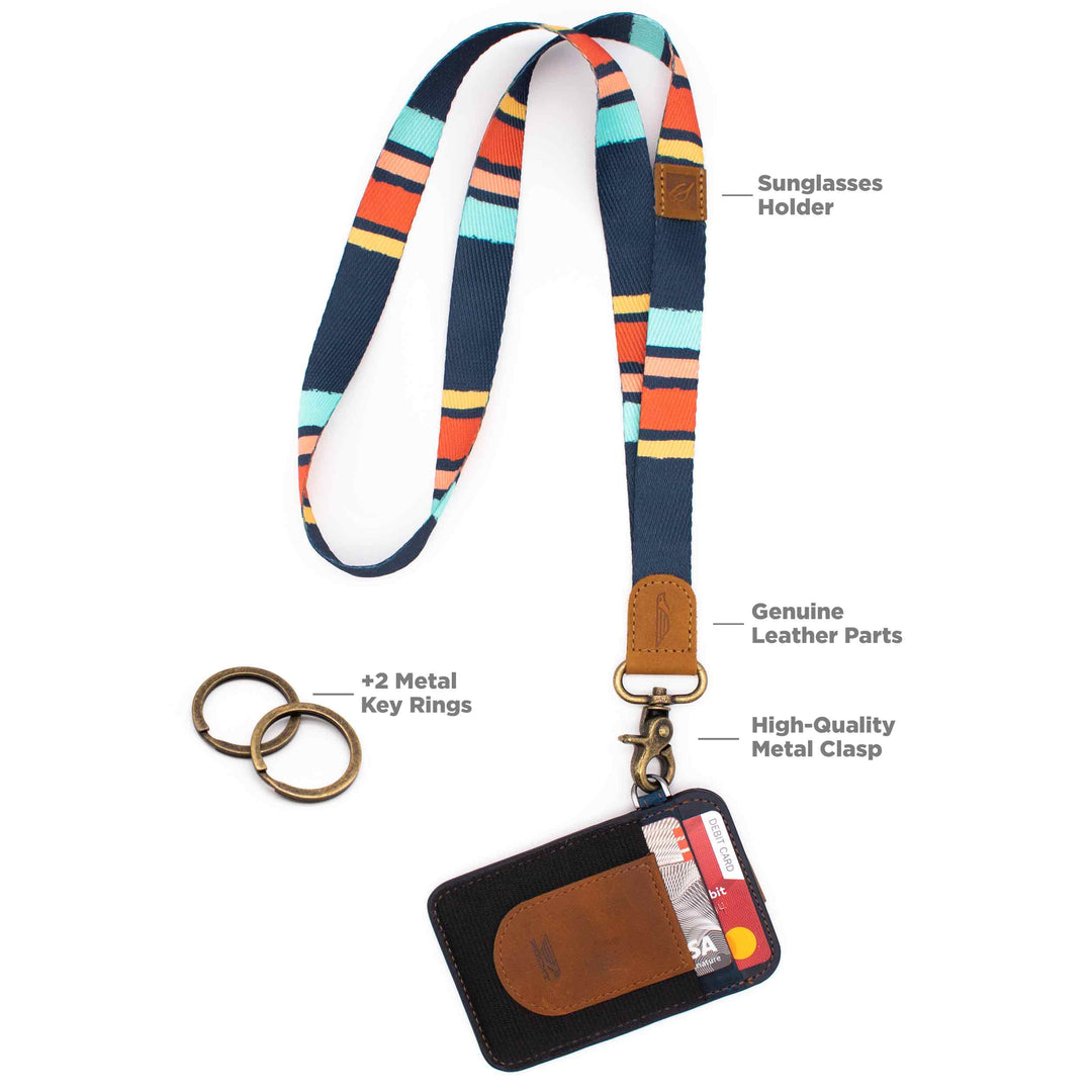 Navy mint yellow red multicolor neck lanyard with slim keychain wallet and 2 key rings