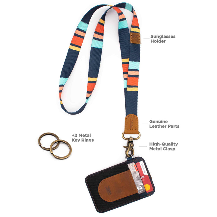 Navy mint yellow red multicolor neck lanyard with slim keychain wallet and 2 key rings