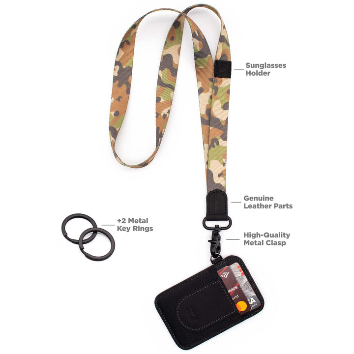 Brown green camouflage patterned neck lanyard with black slim credit card holder and 2 black key rings