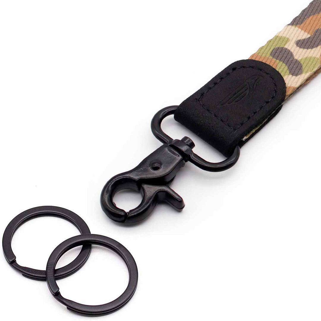 Close up camo wrist lanyard with 2 black key rings