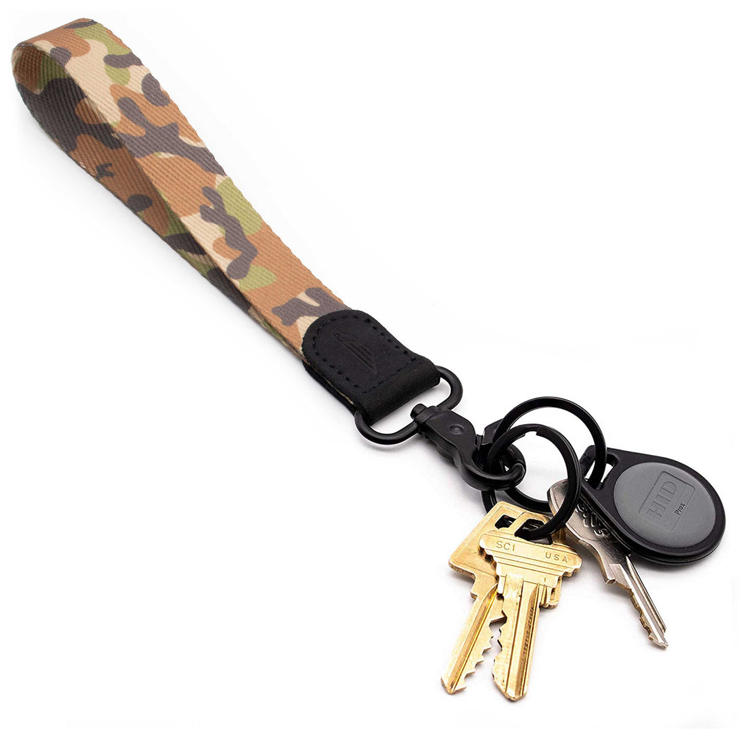 Brown green gray camouflage pattern wrist lanyard with keys