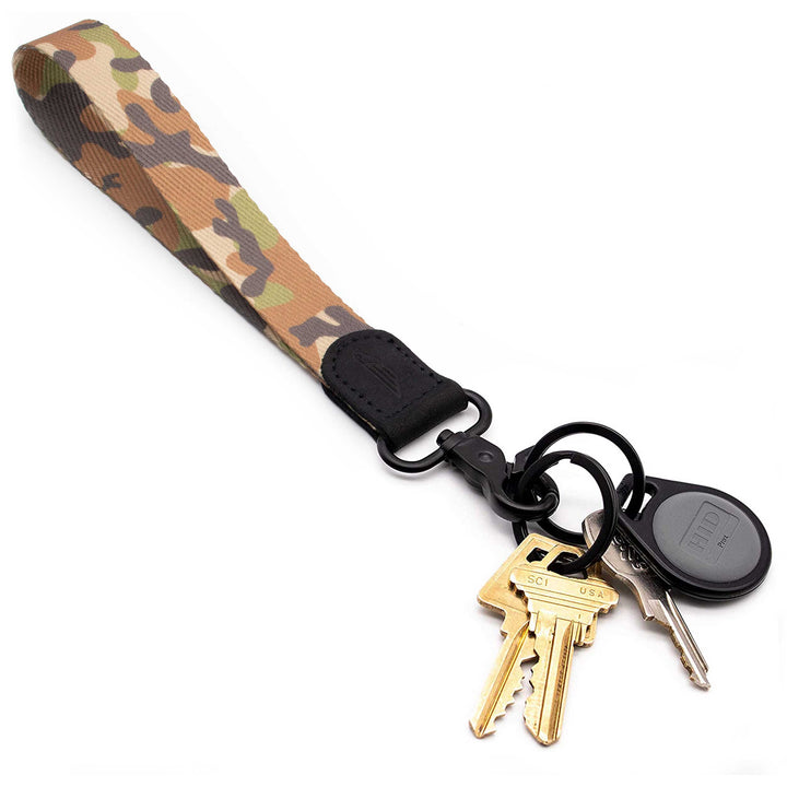 Brown green gray camouflage pattern wrist lanyard with keys
