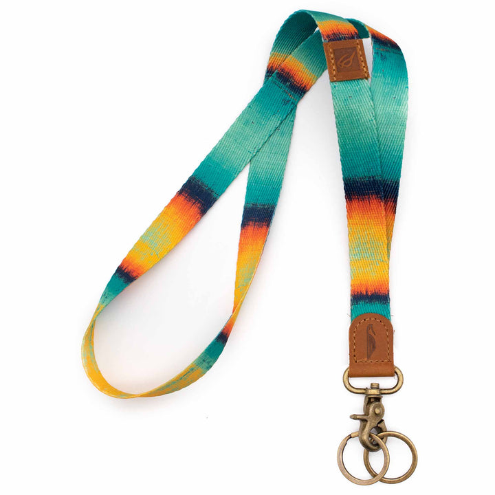 Neck lanyard mint orange navy color brown leather hardware vintage metal clasp with 2 key rings