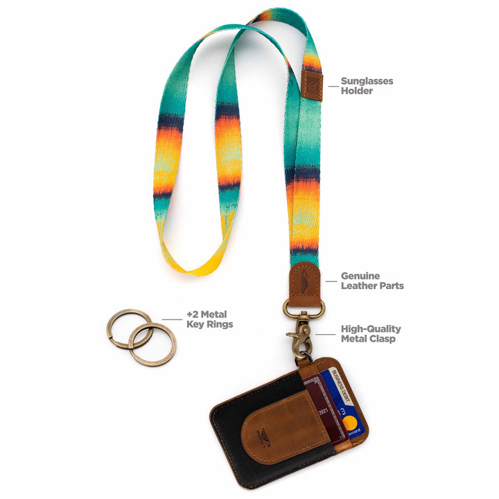 Mint blue orange navy multicolor neck lanyard with slim keychain wallet and 2 metal key rings