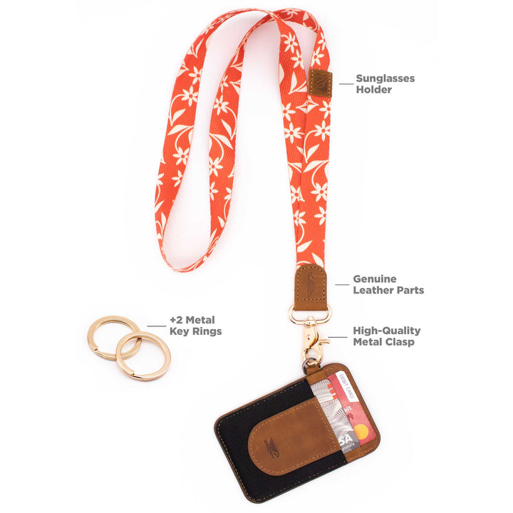 Orange white floral patterned neck lanyard with slim keychain wallet and 2 key rings