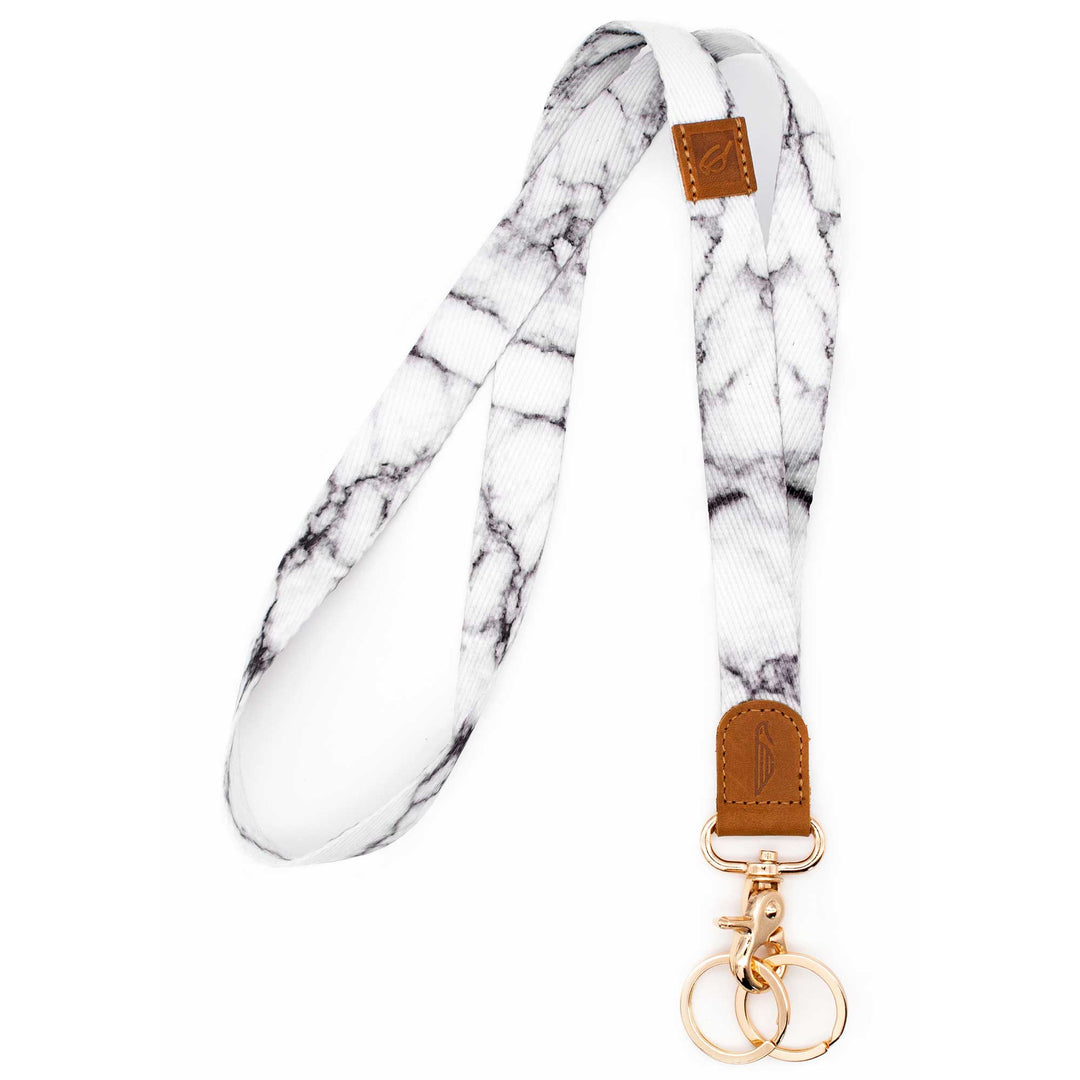 Neck lanyard black white marble patterned brown leather hardware metal clasp with 2 key rings
