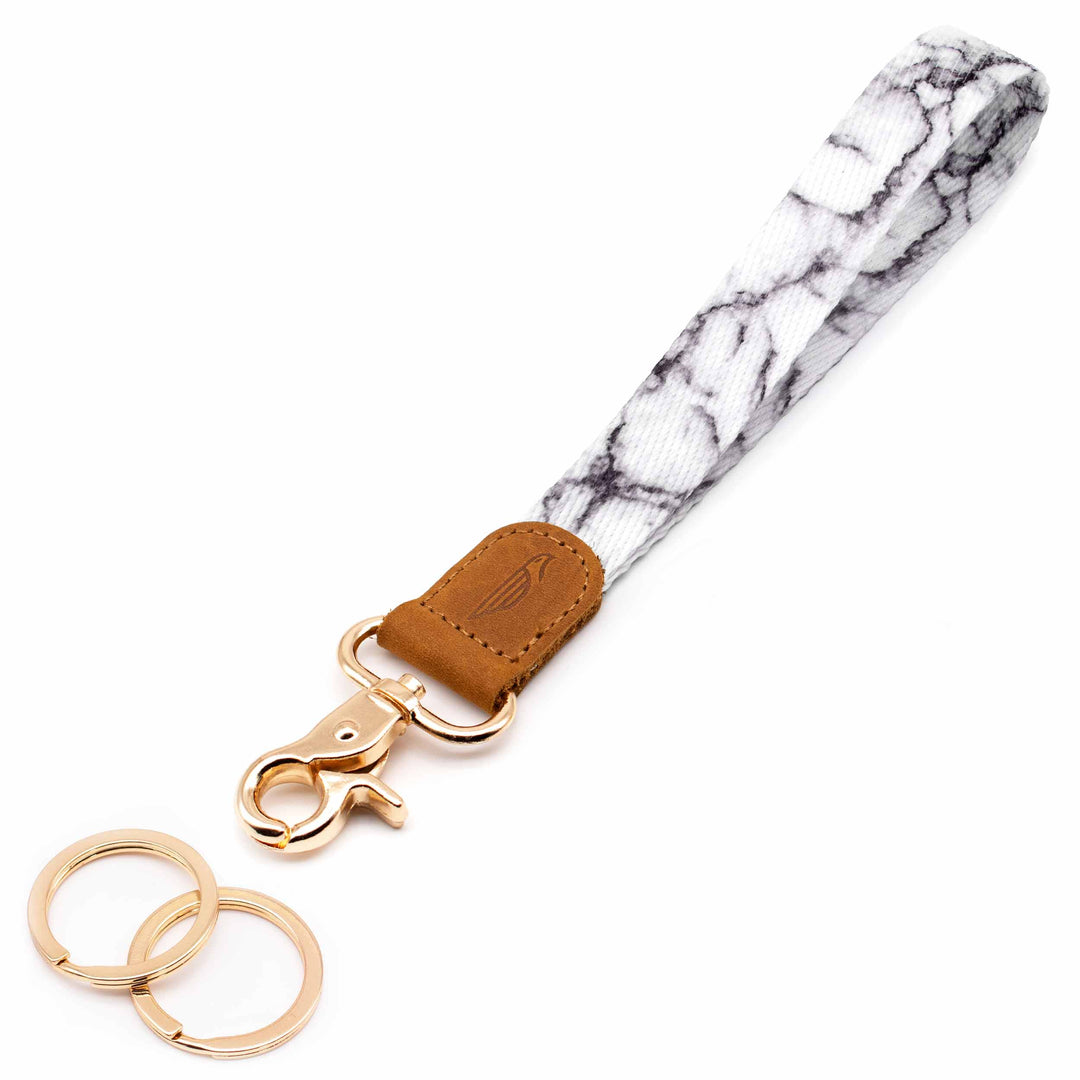 Wrist lanyard black white marble design brown leather hardware gold metal clasp with 2 key rings