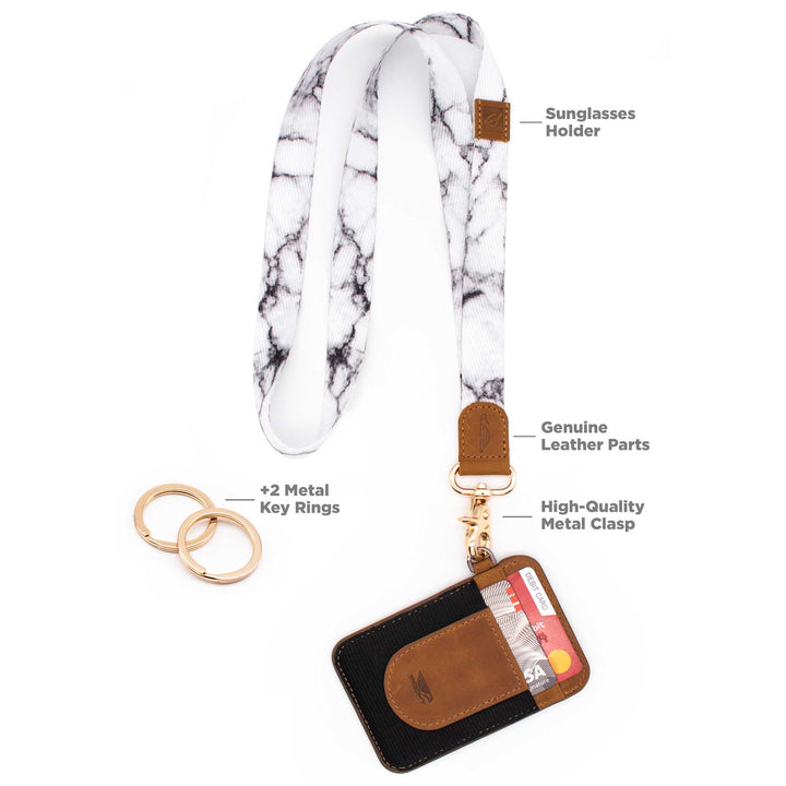 Marble patterned black white neck lanyard with slim keychain wallet and 2 key rings