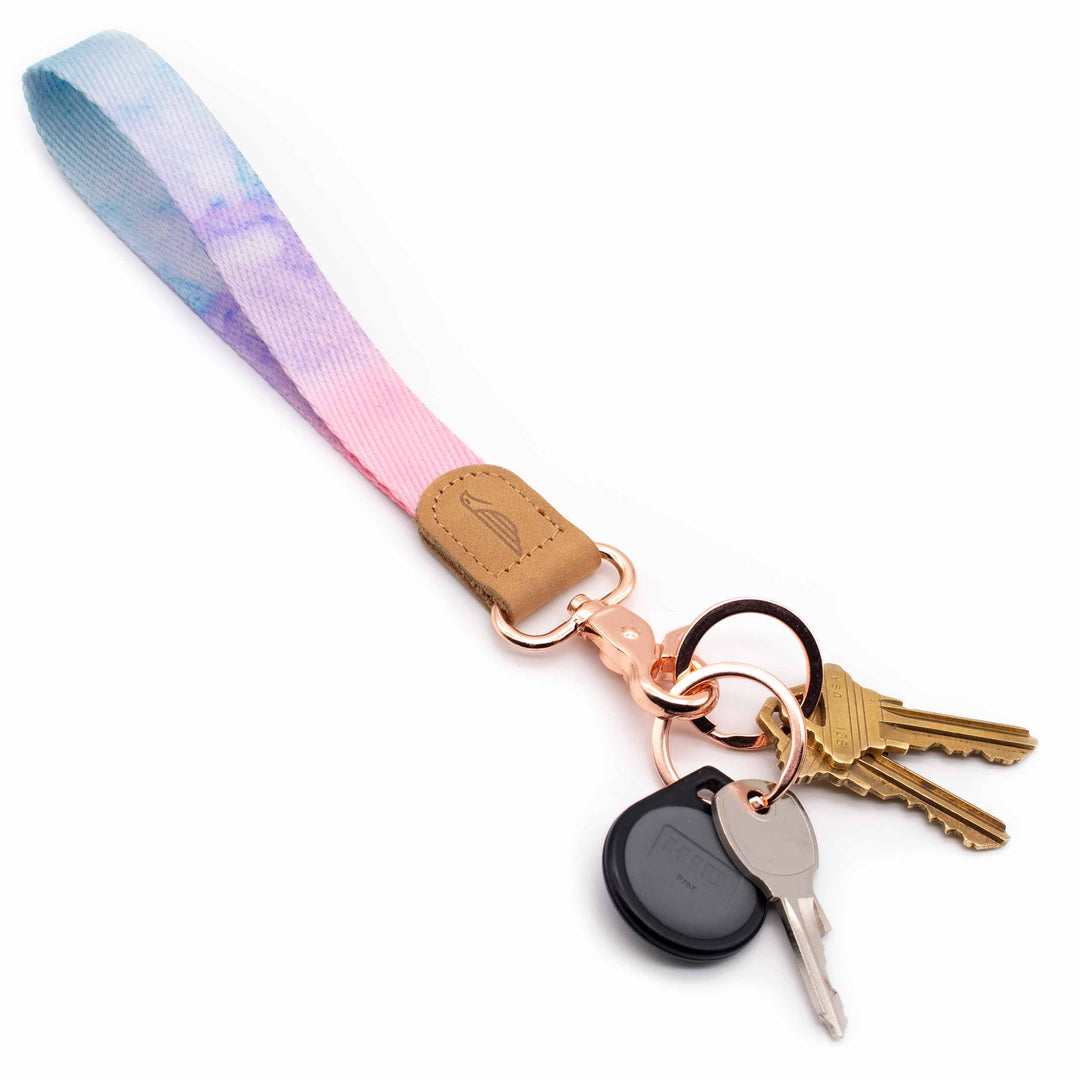 Blue pink colored strap keychain with keys