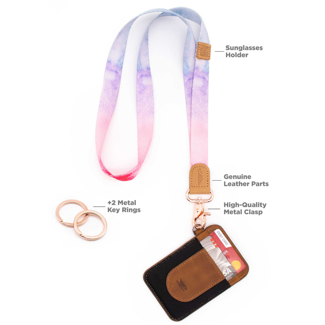 Colorful patterned blue pink violet neck lanyard with slim keychain wallet and 2 key rings