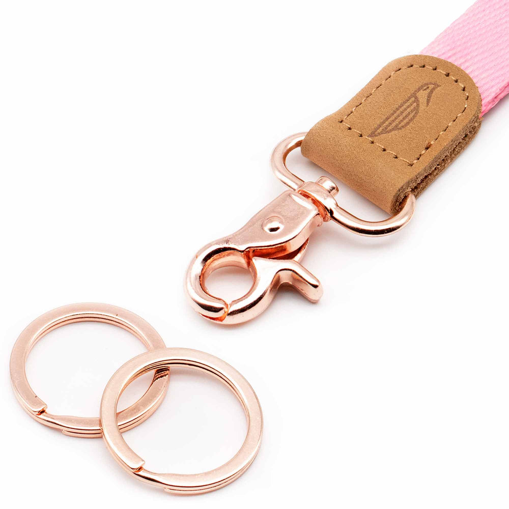 Close up lanyard with 2 rose gold metal key rings brown leather pink color fabric
