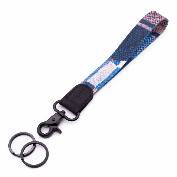 Hand wrist lanyard keychain navy blue orange whine patch pattern black leather hardware black metal clasp with 2 key rings