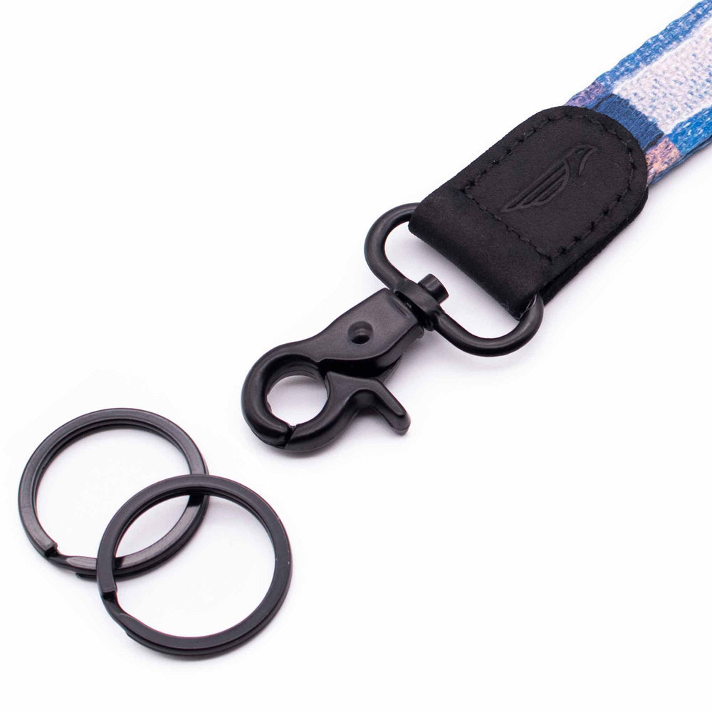 Close up lanyard with 2 metal key rings black leather blue fabric
