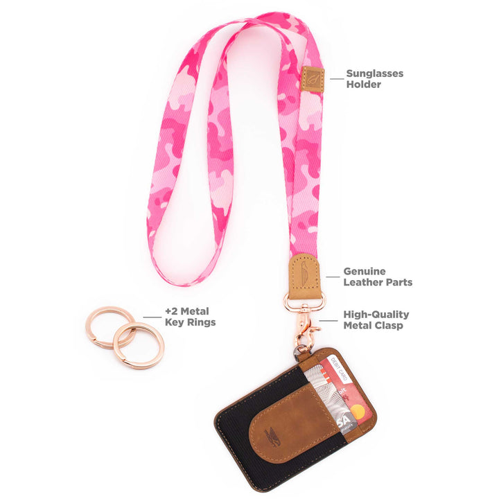 Pink Camo patterned neck lanyard with slim keychain wallet and 2 key rings
