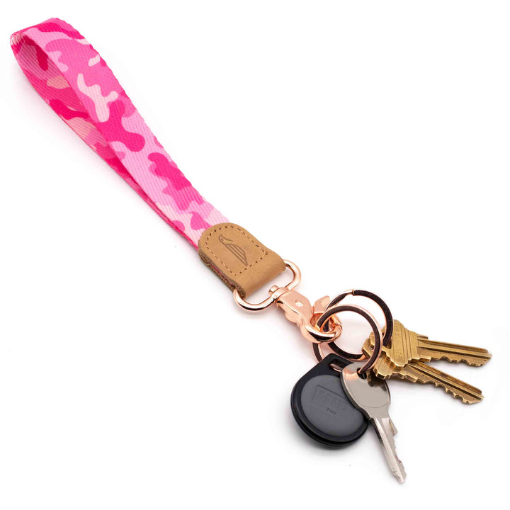 Pink camouflage wrist lanyard rose gold key rings with keys