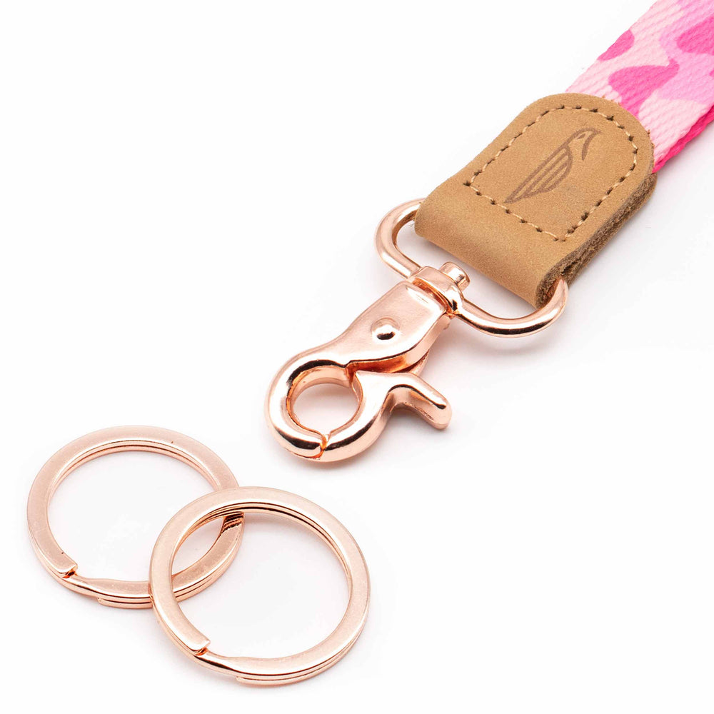 Close up lanyard with 2 rose gold metal key rings brown leather pink fabric