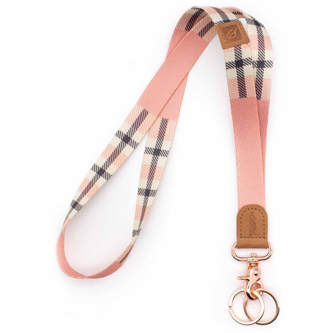 Neck lanyard pink plaid pattern brown leather hardware rose gold metal clasp with 2 key rings