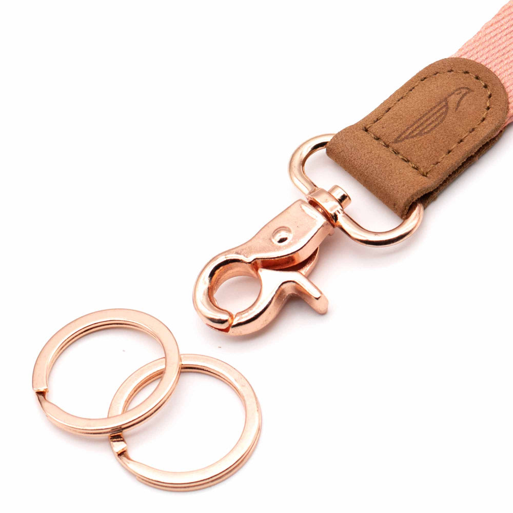 Close up lanyard with 2 metal key rings brown leather pink fabric