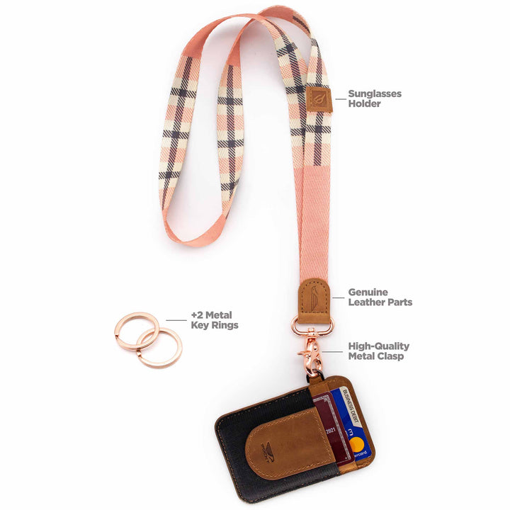 Pink plaid neck Lanyard with brown slim keychain wallet and 2 rose gold metal key rings