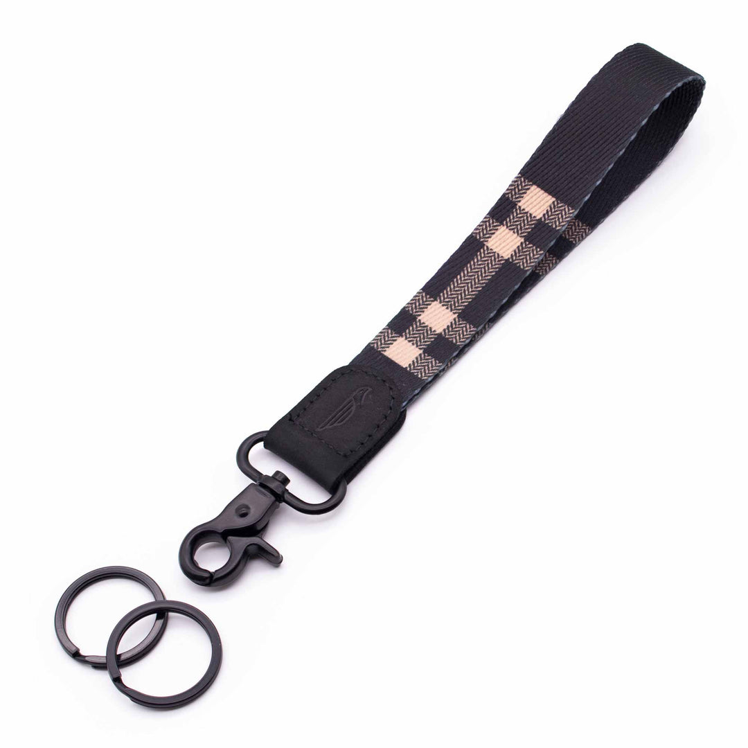 Hand wrist lanyard black tartan plaid pattern black leather hardware metal clasp with 2 key rings