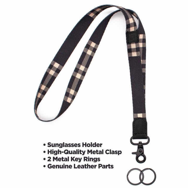 Black and cream plaid key Lanyard with keychain and 2 key rings
