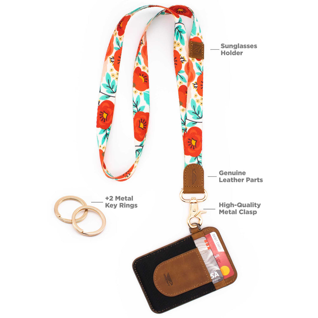 Poppy patterned floral red blue neck lanyard with slim keychain wallet and 2 key rings