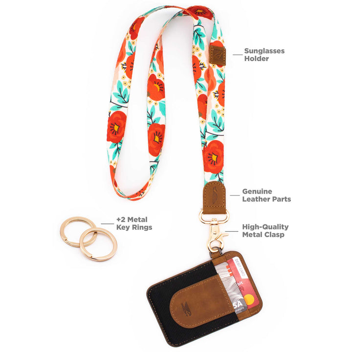 Poppy patterned floral red blue neck lanyard with slim keychain wallet and 2 key rings