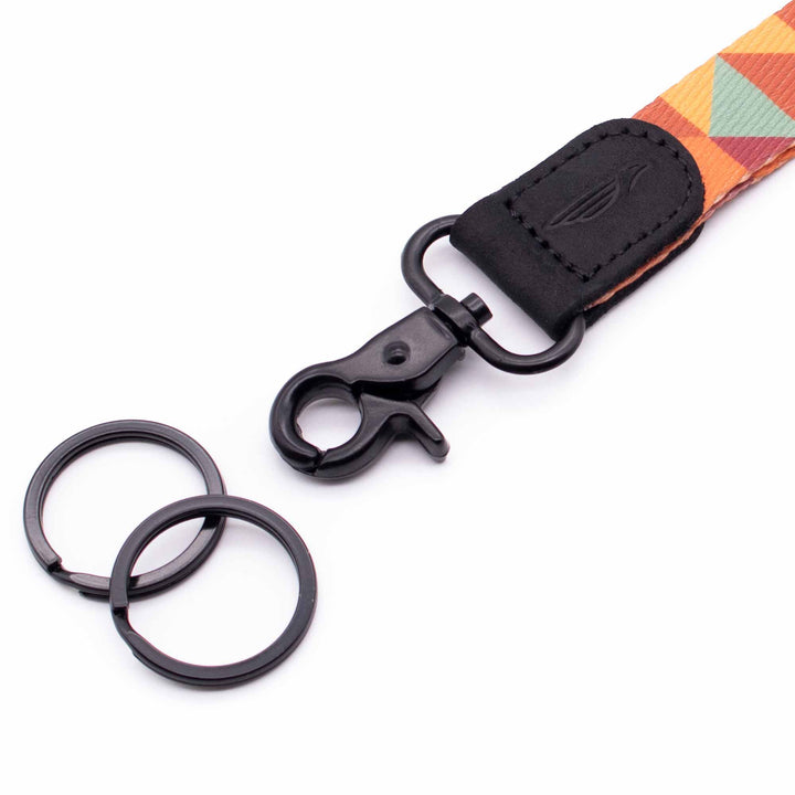 Close up lanyard with 2 metal key rings black leather orange fabric