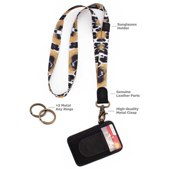 Leopard animal patterned black brown neck lanyard with slim keychain wallet and 2 key rings