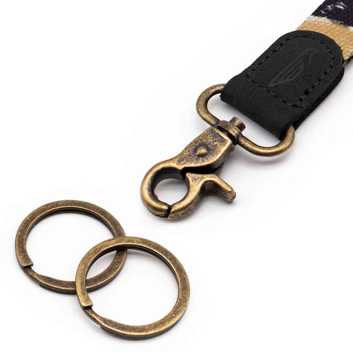 Close up lanyard with 2 vintage metal key rings black leather brown black fabric