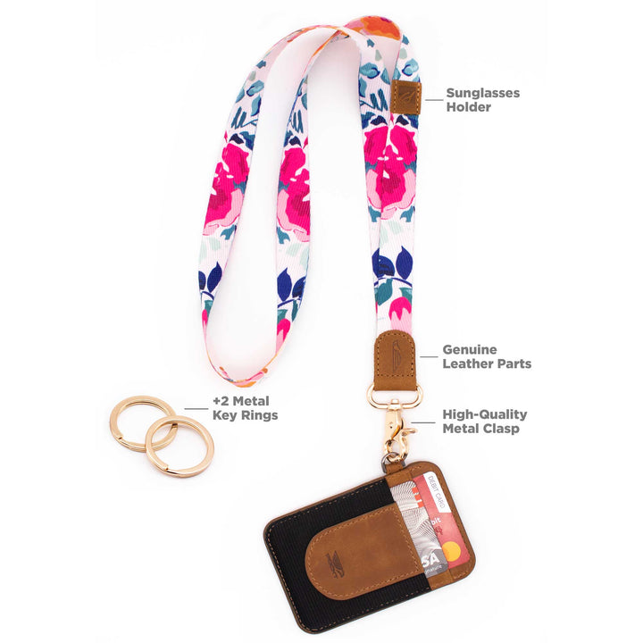 Floral patterned pink blue orange neck lanyard with slim keychain wallet and 2 key rings