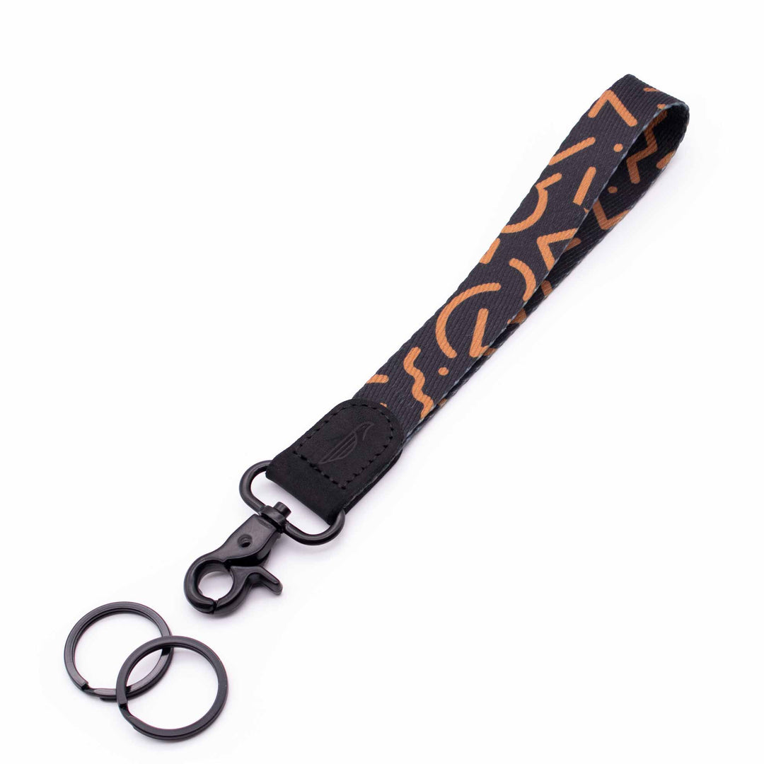 Hand wrist lanyard black brown pattern black leather hardware metal clasp with 2 key rings