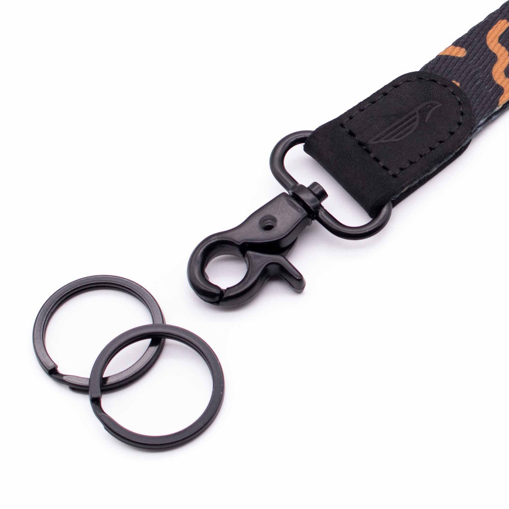 Close up lanyard with 2 metal key rings black leather black brown fabric