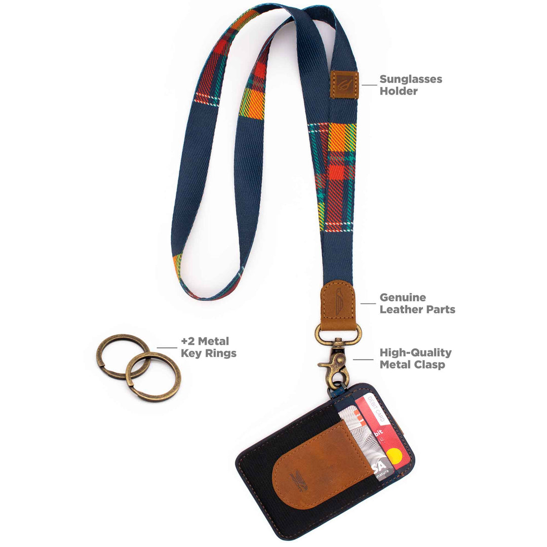 Plaid patterned navy red neck lanyard with slim keychain wallet and 2 key rings